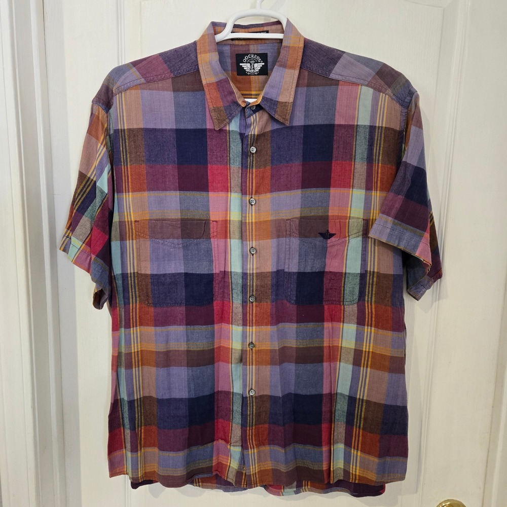 Dockers Plaid Shirt Mens XL purple Multicolor Short Sleeve Cotton Rayon Blend